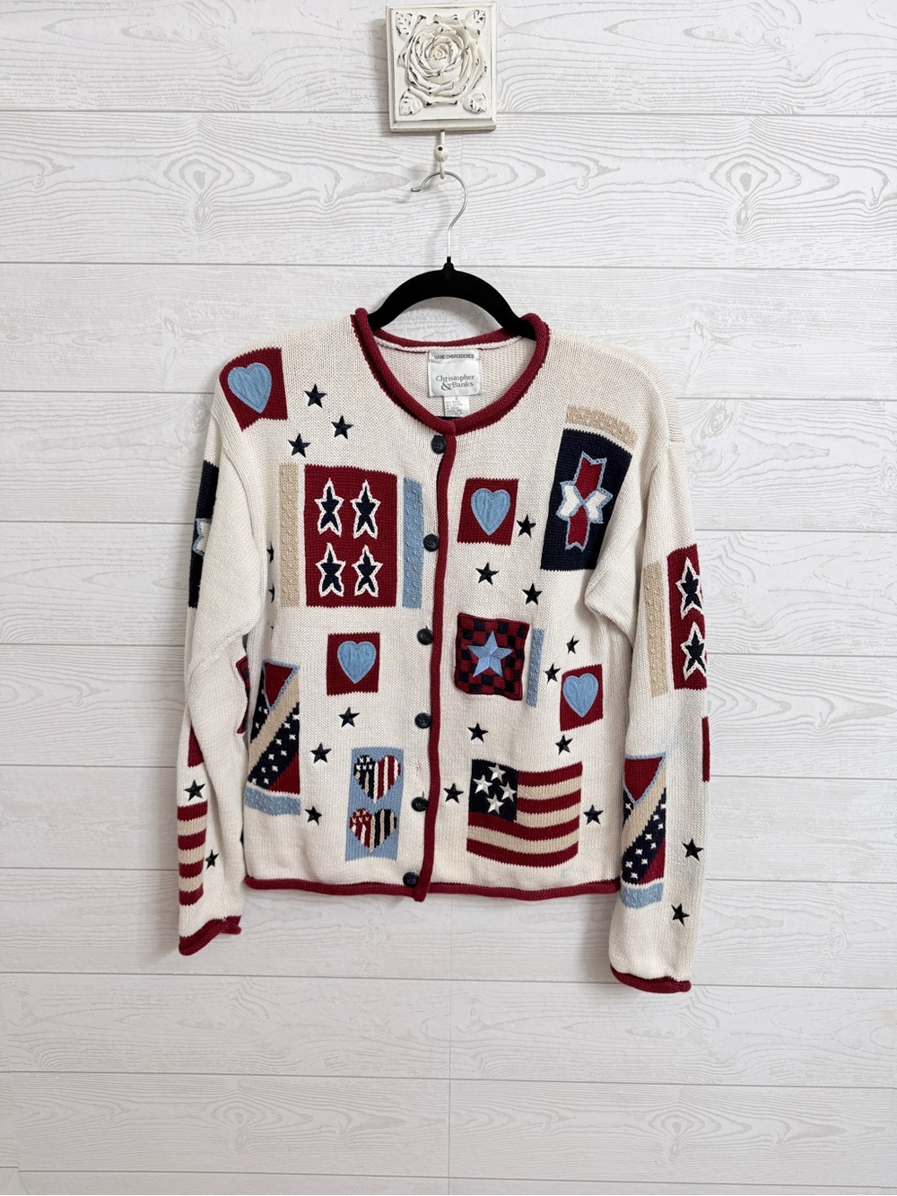 Christopher & Banks Women's Cream Americana Patchwork Button Cardigan Sweater. S